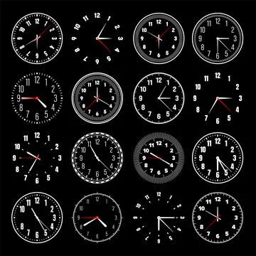 Mechanical clock faces with hands, bezel. Watch dial with minute, hour marks and Stock Illustration