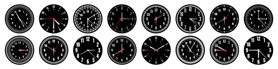 Mechanical clock faces with hands, bezel. Watch dial with minute, hour marks and Stock Illustration