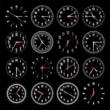Mechanical clock faces with hands, bezel. Watch dial with minute, hour marks and Stock Illustration