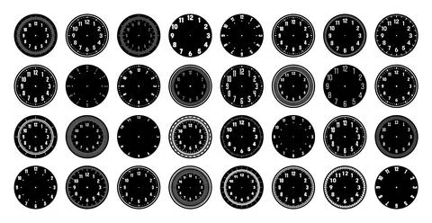 Mechanical clock faces, watch dial with numerals, bezel. Timer or stopwatch Stock Illustration