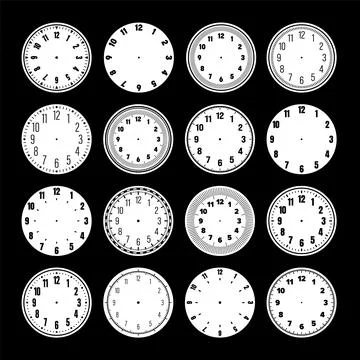 Mechanical clock faces, watch dial with numerals, bezel. Timer or stopwatch Illustrazione stock