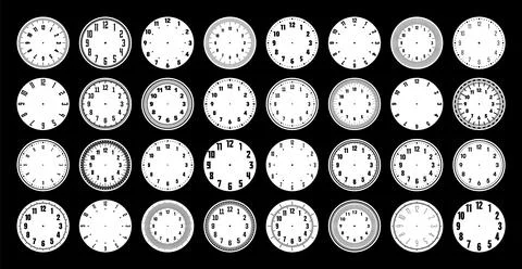 Mechanical clock faces, watch dial with numerals, bezel. Timer or stopwatch Stock Illustration