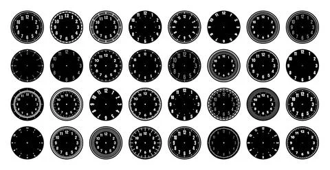 Mechanical clock faces, watch dial with numerals, bezel. Timer or stopwatch Illustrazione stock