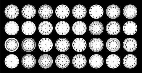 Mechanical clock faces, watch dial with numerals, bezel. Timer or stopwatch Stock Illustration
