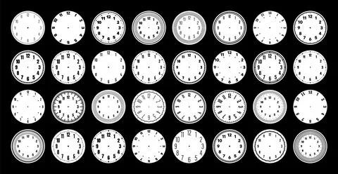 Mechanical clock faces, watch dial with numerals, bezel. Timer or stopwatch Stock Illustration