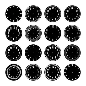 Mechanical clock faces, watch dial with numerals, bezel. Timer or stopwatch Illustrazione stock