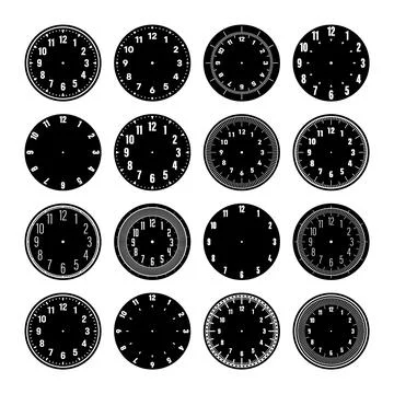 Mechanical clock faces, watch dial with numerals, bezel. Timer or stopwatch Illustrazione stock