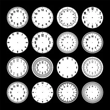 Mechanical clock faces, watch dial with numerals, bezel. Timer or stopwatch Illustrazione stock