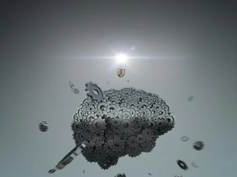 Mechanical clockwork brain with lightbulb and flying cog wheels Illustrazione stock