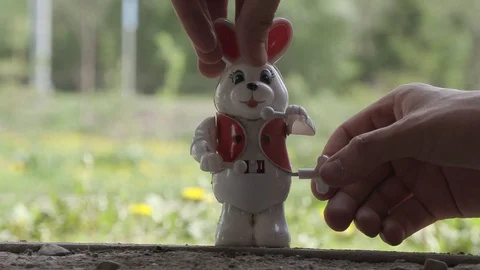 Mechanical Clockwork Toy Bunny Drummer Video stock 110946836