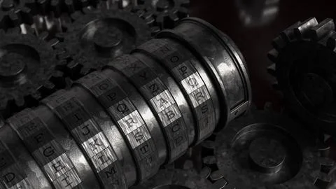 Mechanical Code Lock System with Rotating Gears and Letters 3d render. Stock-Illustration