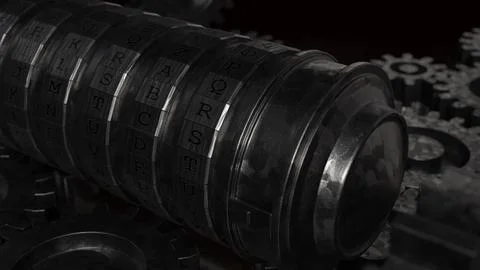 Mechanical Code Lock System with Rotating Gears and Letters 3d render. Illustrazione stock