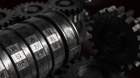 Mechanical Code Lock System with Rotating Gears and Letters 3d render. Illustrazione stock