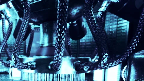 Mechanical components in a blue lit industrial setting Stock Footage 343576672