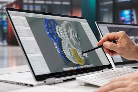 Mechanical Designer Creates 3D Model Of Car Gearbox On Screen Stock Photos