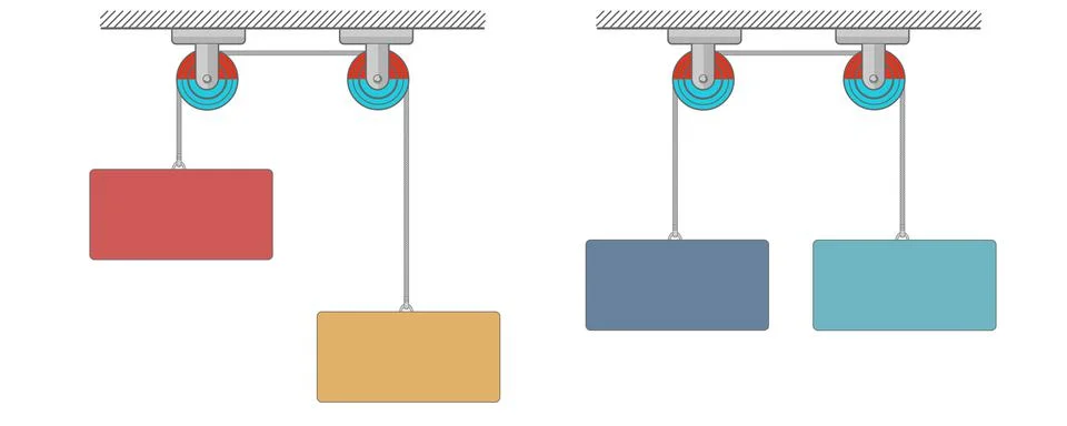 Mechanical device through two pulley raises block. Stock Illustration