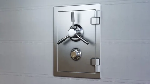 "Mechanical dial combination safe full of gold bars mounted on a white wall." Stockbeeldmateriaal 97463581