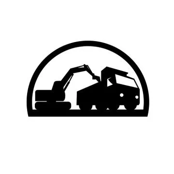 Mechanical Digger Loading Dump Truck Black and White Stock-Illustration