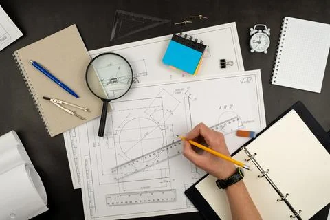 Mechanical drawing on sheets of paper. Hands on the table top view. Workflow of Stock Photos