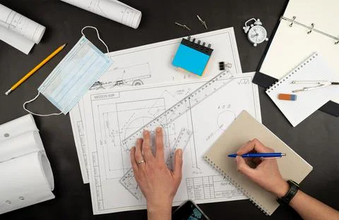 Mechanical drawing on sheets of paper. Hands on the table top view. Workflow of Stock Photos