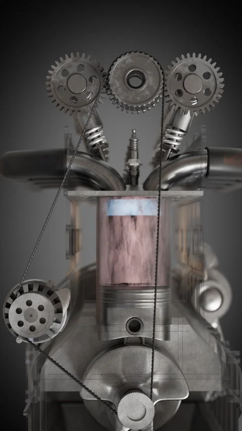 Mechanical engine device shows different colored gases in cyclinders with gears Stock Footage 323732639