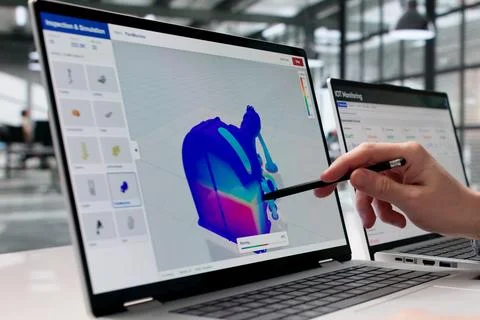 Mechanical Engineer Examines 3D Stress Simulation Data On Laptop Screen Stock Photos