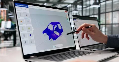 Mechanical Engineer Examines 3D Stress Analysis Data On Laptop Screen Stock Photos