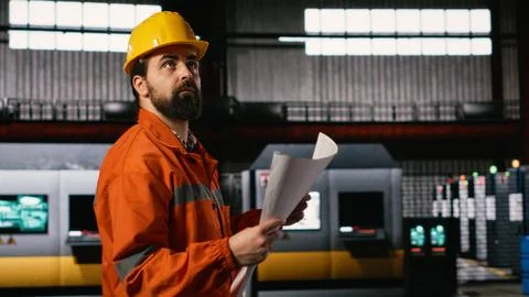 Mechanical engineer examines manufacturing blueprints and circuit drawings Stock Photos