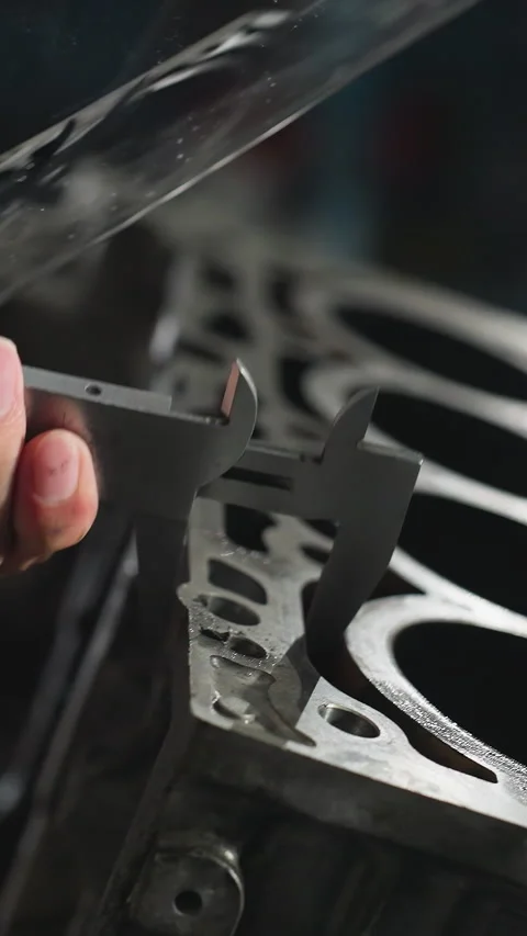 Mechanical Engineer Measuring Engine Dimensions in Industrial Workshop Stock Footage 318199145