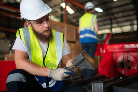 A mechanical engineer measuring product dimensions of new machinery instal... Foto stock