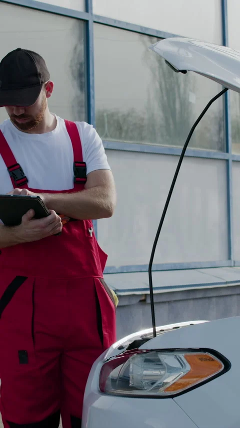 The mechanical engineer meticulously inspects the car to identify the fault and Stock Footage 282742693