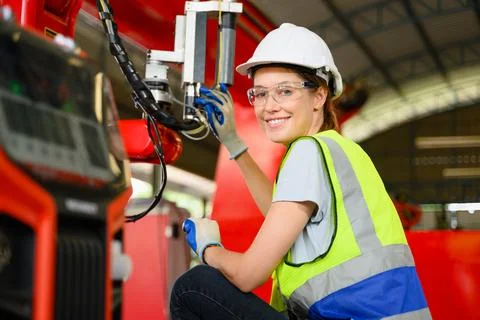 Mechanical engineer repairing engine machine at factory Foto stock