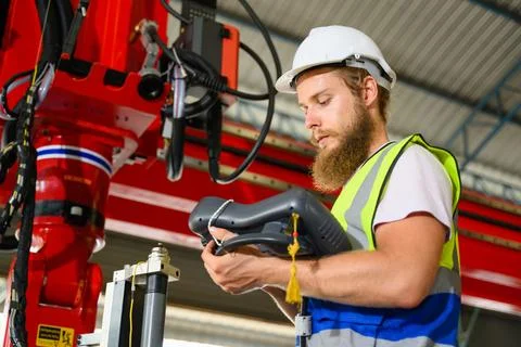 Mechanical engineer repairing engine machine at factory Foto stock