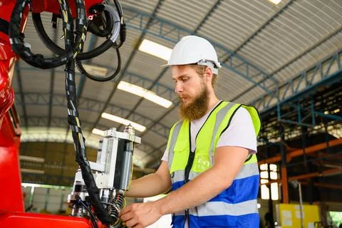 Mechanical engineer repairing engine machine at factory Stock Photos