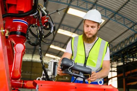 Mechanical engineer repairing engine machine at factory Stock Photos