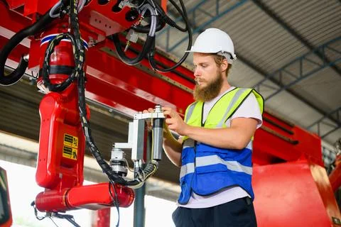 Mechanical engineer repairing engine machine at factory Foto stock