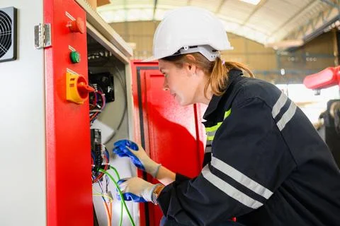 Mechanical engineer repairing engine machine at factory Foto stock