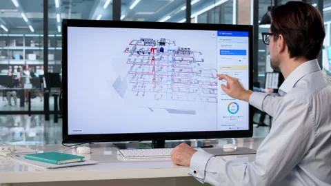 Mechanical Engineer Reviews HVAC System Design Using 3D BIM Software Stock Footage 334930583