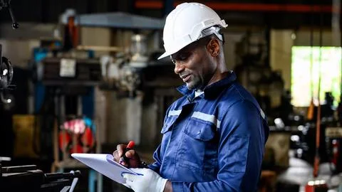 Mechanical engineer with safety hat checking and inspecting machine Stock Photos