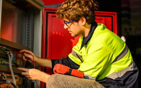 Mechanical engineer technician checking and inspecting machine at repair shop Foto stock