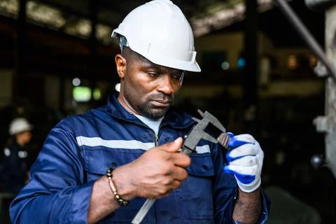 Mechanical engineer technician checking and inspecting machine at repair shop Foto stock
