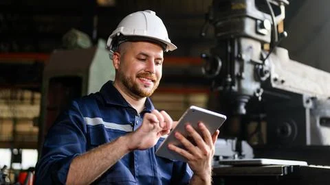 Mechanical engineer technician checking and inspecting machine at repair shop Foto stock