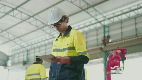Mechanical engineer, technician worker wearing uniform, safety hard hat using Video stock 219734204