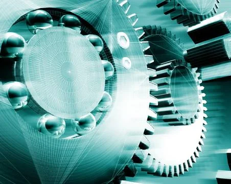 Mechanical engineering 3d image of a mechanism with several metal bearings... Stock Photos