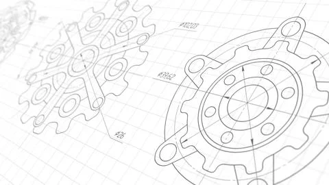 Mechanical Engineering background .Technical drawing of gears. Stock Photos