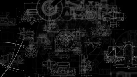 Mechanical engineering blueprint animation with industrial machine parts Stock Footage 340154198