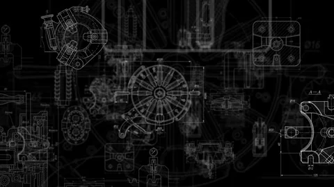 Mechanical engineering blueprints with machine tools, precision measurements Stock Footage 340086863