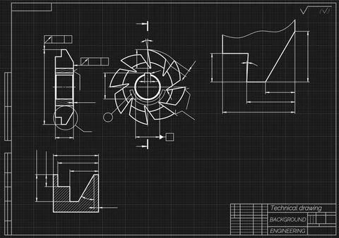 Mechanical engineering drawing of cutting tool on black background. Disc milling Stock Illustration