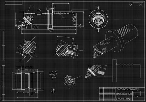 Mechanical engineering drawing of cutting tool on black background. Countersink Stock Illustration