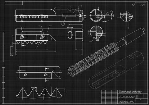 Mechanical engineering drawing of cutting tool on black background. Helical Stock Illustration